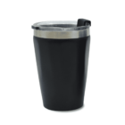 A sleek black travel mug with a silver rim and a clear plastic lid, featuring a flip-open spout for easy sipping.
