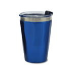 A blue travel mug with a silver rim and a clear lid featuring a black sliding closure. The mug has a smooth, glossy finish and a gently curved design, standing upright against a plain white background.