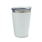 A white insulated travel mug with a stainless steel band near the top and a clear plastic lid. The lid has a slide opening for drinking. The mug has a sleek, modern design and appears to be suitable for hot or cold beverages.