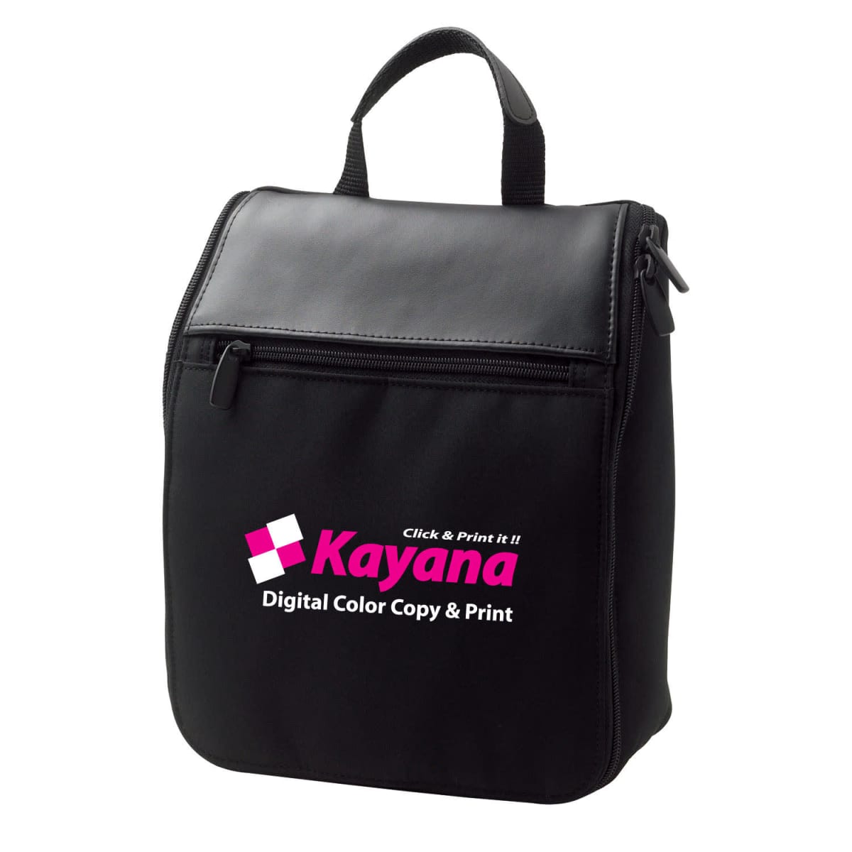 A black bag with a handle and a zipper pocket is shown. It has the text Kayana Digital Color Copy & Print in pink and white lettering on the front.