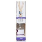 A 10ml bottle of reed diffuser labeled Fresh Linen with a small image of the bottle and reeds above. The box is white with blue and purple accents, including a purple ribbon design on the bottom left.
