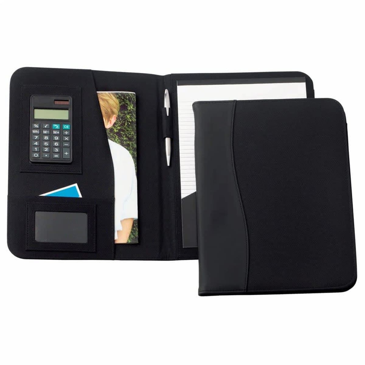 A black portfolio with a calculator, notepad, pen holder, and pockets. One pocket holds a photo and a couple of cards. The cover is half-closed, showing part of the notepad and calculator.
