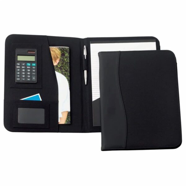 A black leather portfolio folder is open, revealing a calculator, a notepad, and a pen inside. There is also a section holding a photo and two business cards. The cover is sleek and features a smooth, curved texture.