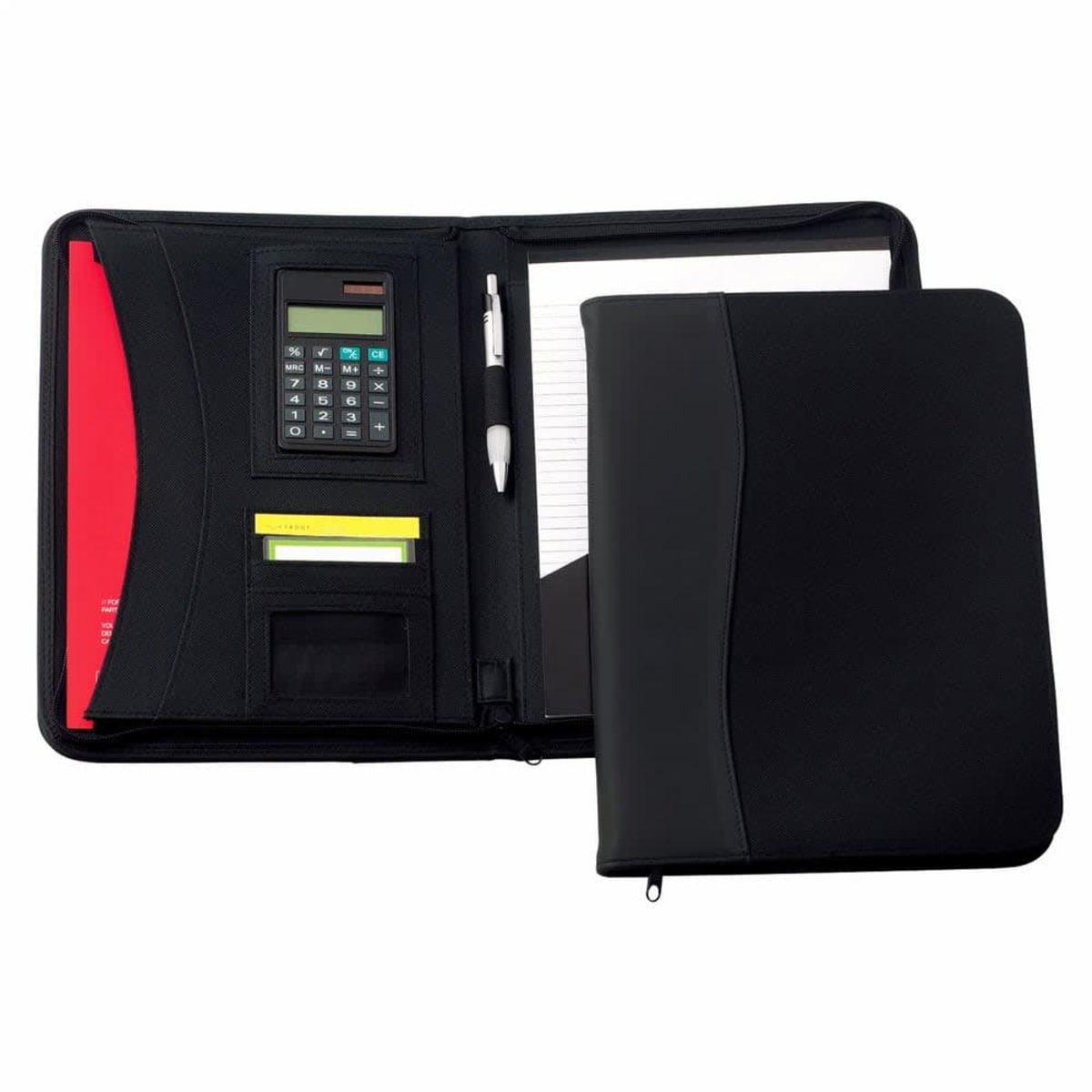 A black zippered portfolio organizer is open, revealing a built-in calculator, pen holder, sticky notes, card slots, a notepad, and a red folder. The outer cover is partially visible, showcasing a sleek design.