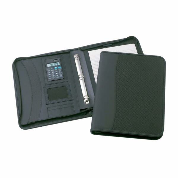 Black leather portfolio binder open to reveal a notepad, a calculator, and slots for cards or papers. The binder has a textured outer cover and a ring mechanism for holding pages.
