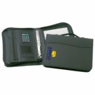 A black zippered binder sits open on a white background. The left side features a built-in calculator and a zippered pouch. The right side has a ring binder and notepad. The cover shows the Simply Self Storage logo in yellow and blue.