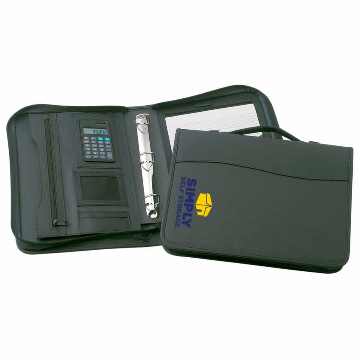 A black zippered binder sits open on a white background. The left side features a built-in calculator and a zippered pouch. The right side has a ring binder and notepad. The cover shows the Simply Self Storage logo in yellow and blue.