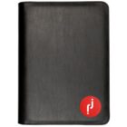 A closed black leather binder with a red circular logo featuring a stylized white symbol on the bottom right corner. The binder has a smooth, textured surface.