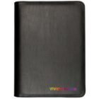 A closed black leather binder with rounded corners. The lower right corner displays the words VIVID COLOUR in capital letters with each letter in a different color, forming a rainbow effect.