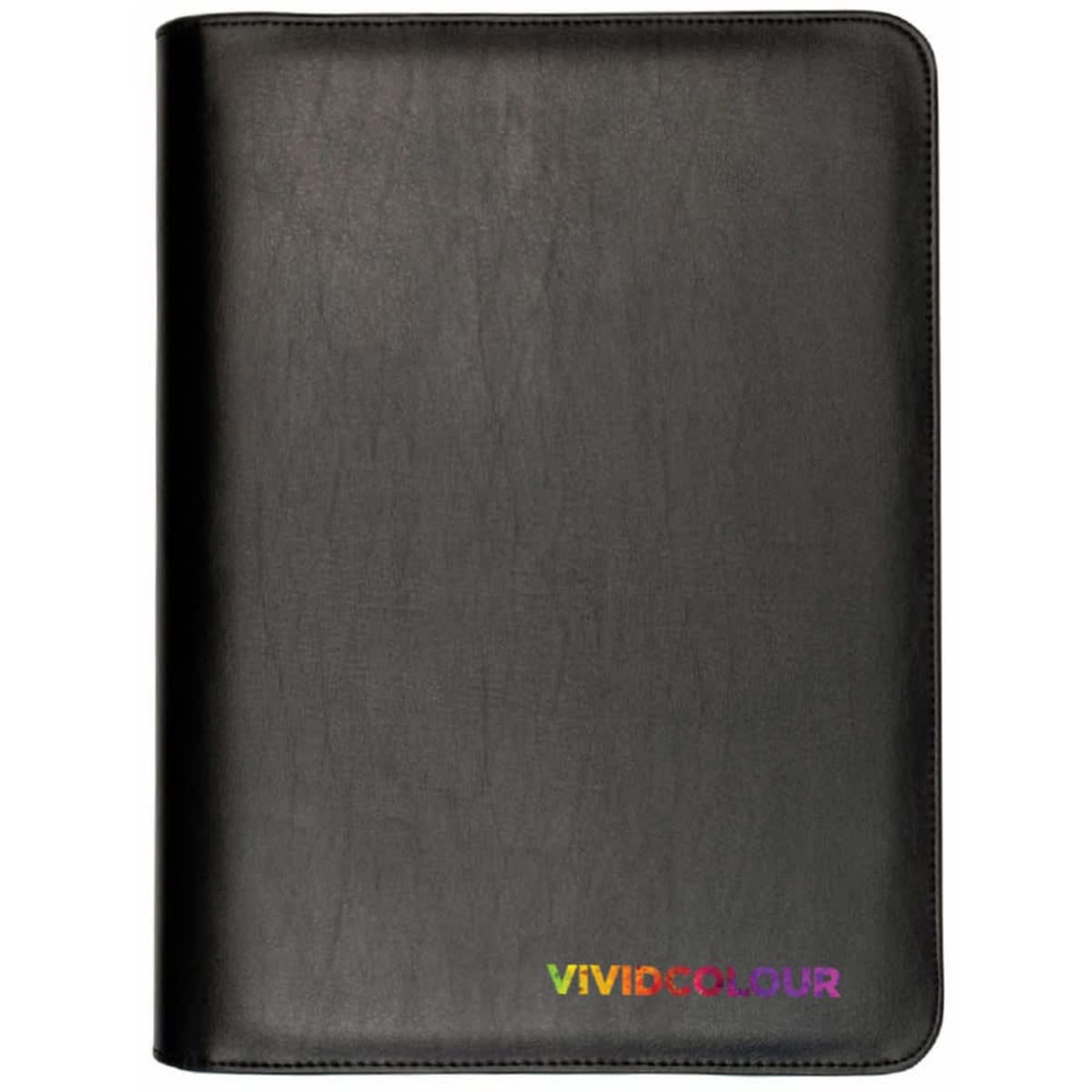 A closed black leather binder with rounded corners. The lower right corner displays the words VIVID COLOUR in capital letters with each letter in a different color, forming a rainbow effect.
