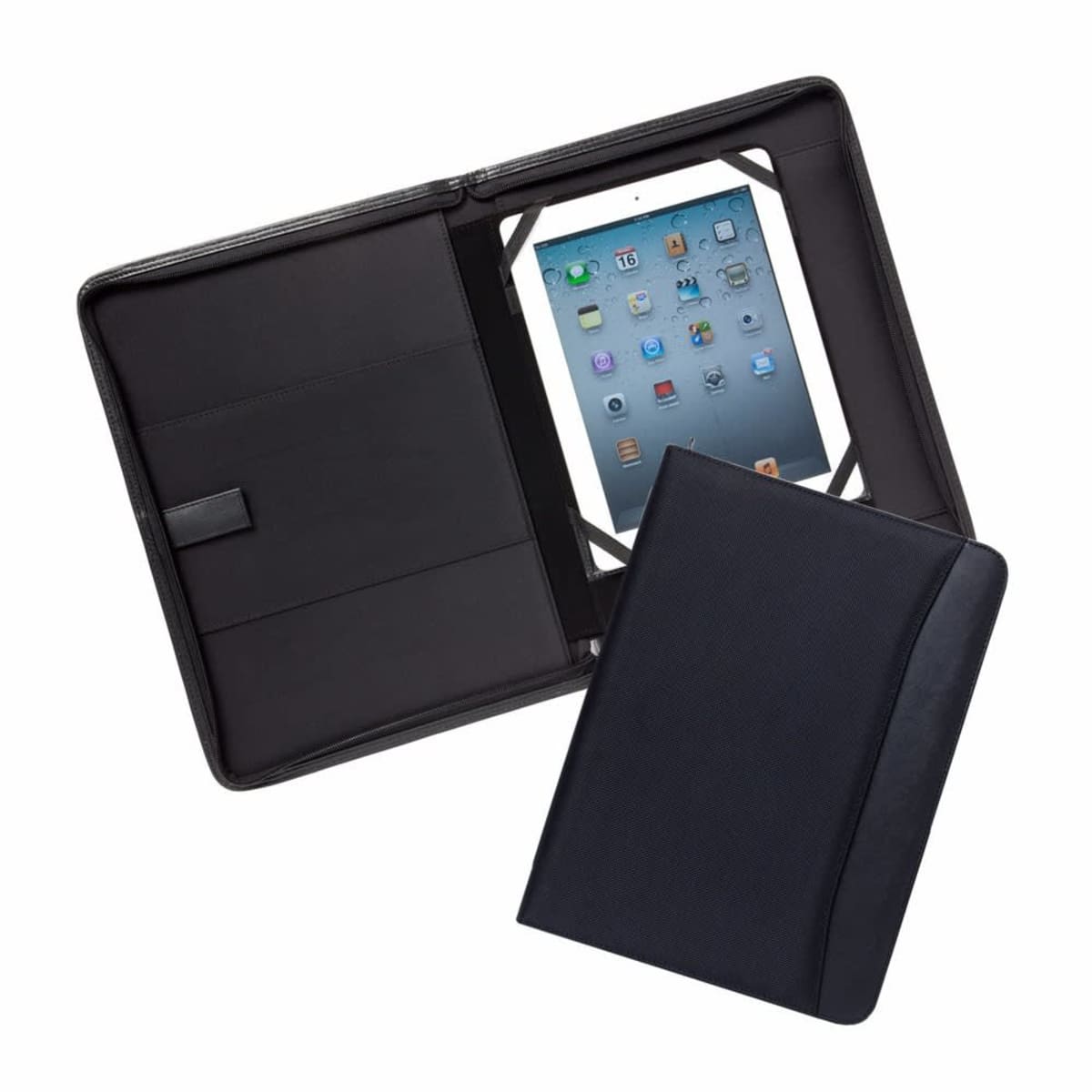 Open leather tablet case showing an iPad with apps on its screen inside. A closed version of the same case lies next to it. The cases are black with a sleek design.