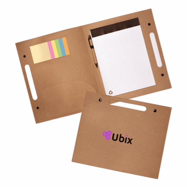 Open brown folder with writing pad on the right, sticky notes in different colors on the left. A pen is clipped at the top. The front cover has the Ubix logo in purple and black. Both covers have oval cut-out handles.
