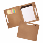 Brown kraft paper folder with handle, open to show a lined notepad, pen, colored sticky notes, and a pocket. Next to it, the folders closed front side is visible. The design is simple and eco-friendly.