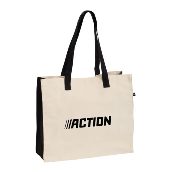Cream-colored tote bag with black handles and sides. The word ACTION is printed in bold black letters on the front.