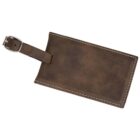 A brown leather luggage tag with white stitching around the edges. It has a leather strap and a silver buckle for attaching to bags.