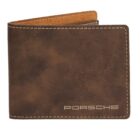 Brown leather wallet with visible stitching along the edges. The word Porsche is embossed in silver at the bottom right corner. The wallet has a worn, vintage appearance.