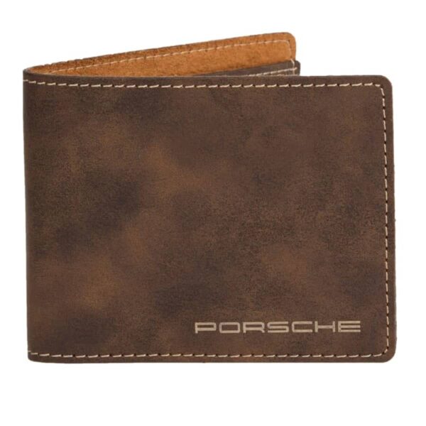Brown leather wallet with visible stitching along the edges. The word Porsche is embossed in silver on the lower right corner. The wallet is shown closed.