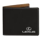 A black leather wallet with white stitching and the Lexus logo embossed in white on the lower right corner. The inside has a brown lining.