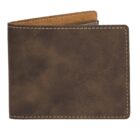 A closed, brown leather wallet with visible stitching along the edges. The wallet has a smooth texture and is positioned upright against a plain white background.