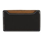 A black leather card holder with white stitching around the edges, featuring a single pocket lined with brown suede. The holder is rectangular and compact, suitable for storing credit cards or business cards.