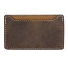 Front view of a rectangular, brown leather wallet with visible stitching along the edges. The wallet has a simple design with a slightly worn texture, featuring one card slot on the front.