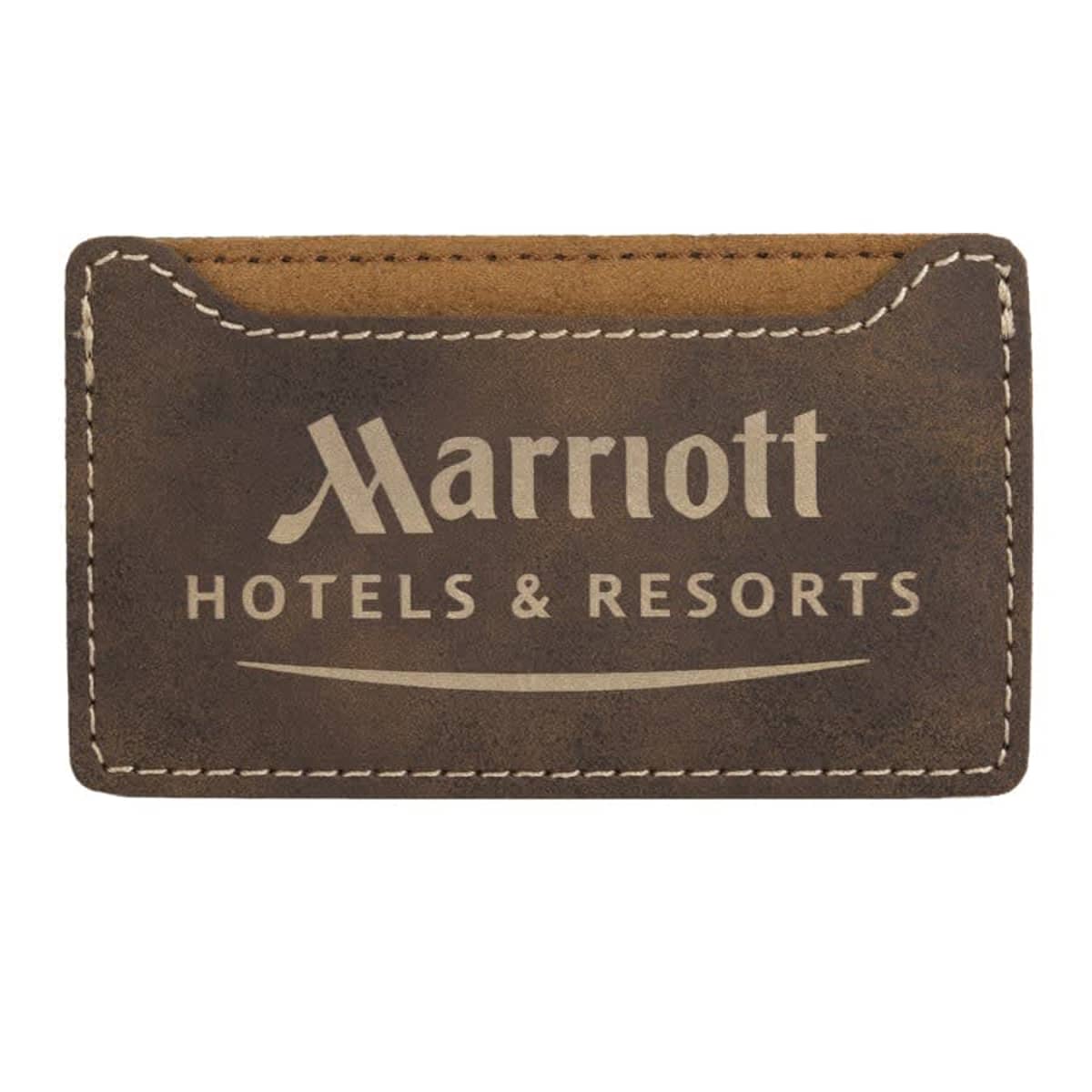 A brown, rectangular leather cardholder with white stitching displays the Marriott Hotels & Resorts logo in white text.
