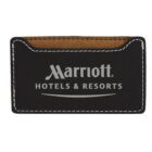 Black cardholder with white stitching, featuring the text Marriott Hotels & Resorts in white font on the front.