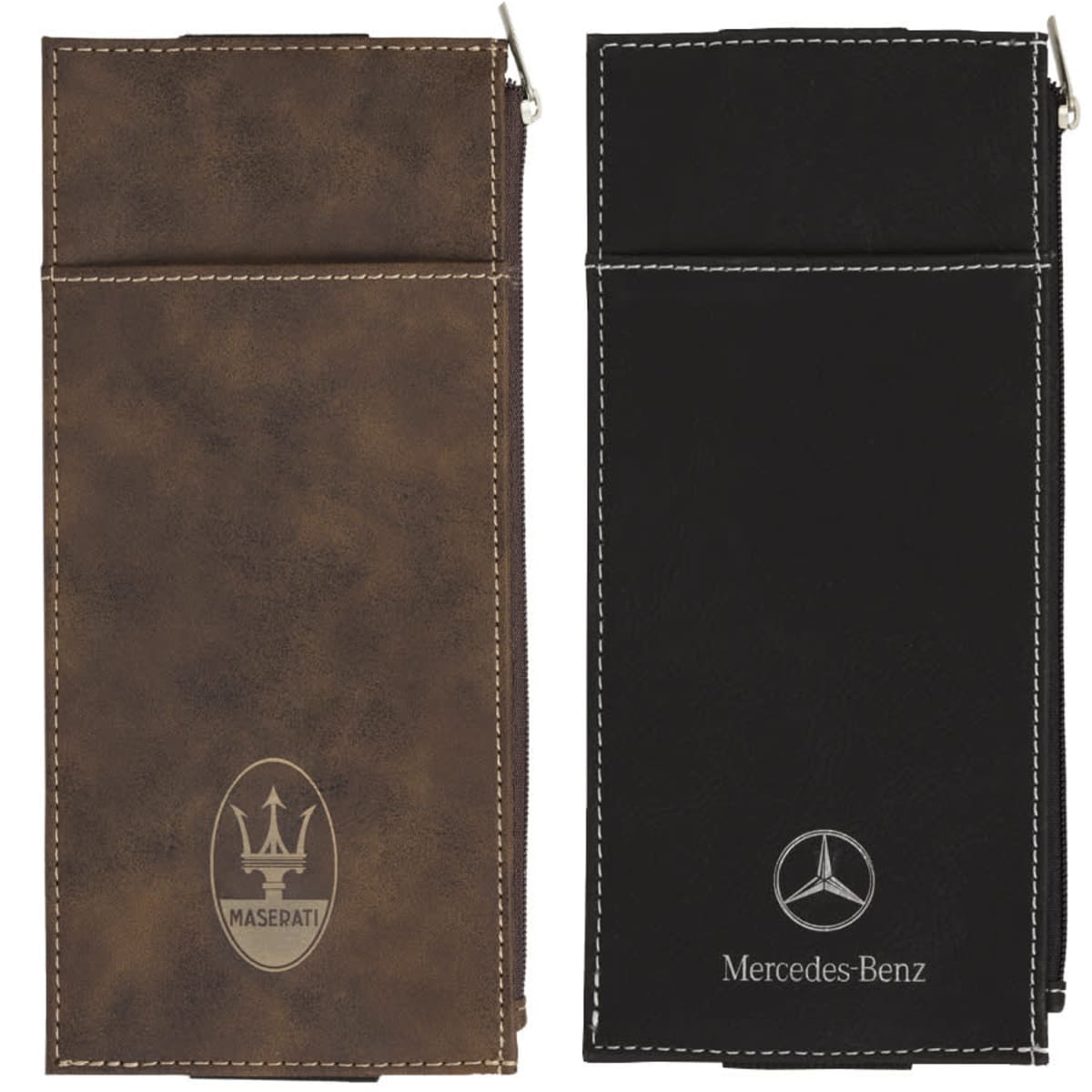 Two leather pouches are displayed: one brown with a Maserati logo and one black with a Mercedes-Benz logo. Both have a sleek, rectangular design with minimal stitching details and a clip at the top.