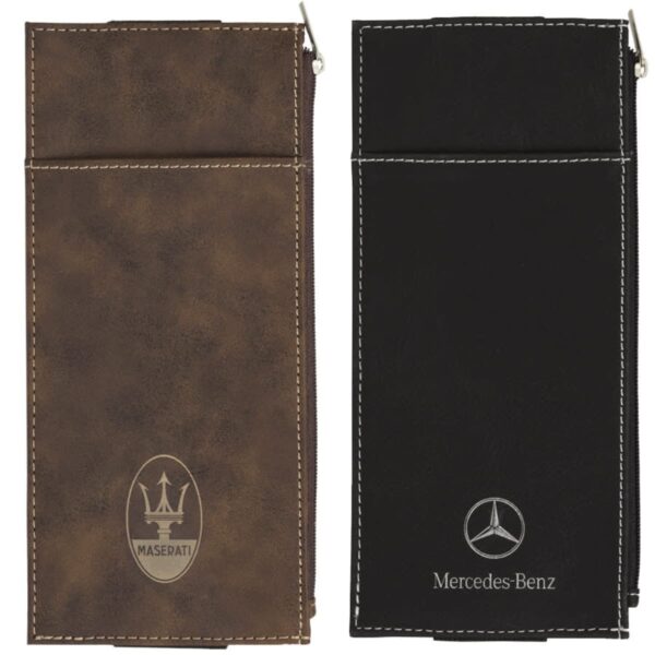 Leather eyeglass cases side by side; the left one is brown with a Maserati logo, and the right one is black with a Mercedes-Benz logo.
