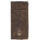 A brown leather pouch with white stitching, featuring a vertical zipper on the right side. The Maserati logo and name are embossed on the front.