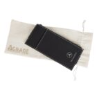 A black leather key holder with white stitching and a Mercedes-Benz logo rests on a beige cloth pouch. The pouch features the text A Grade Quality Promotional Products in orange.