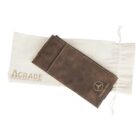 A brown leather pen pouch is placed on top of a white drawstring bag. The bag has A GRADE and a logo printed on it. The pouch features an embossed circular logo and the text Mercedes Benz.