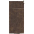 A rectangular brown leather wallet with visible stitching and a zipper on one side. The leather has a textured appearance, giving it a rustic look. The wallet is laid flat, with its zipper partially visible.