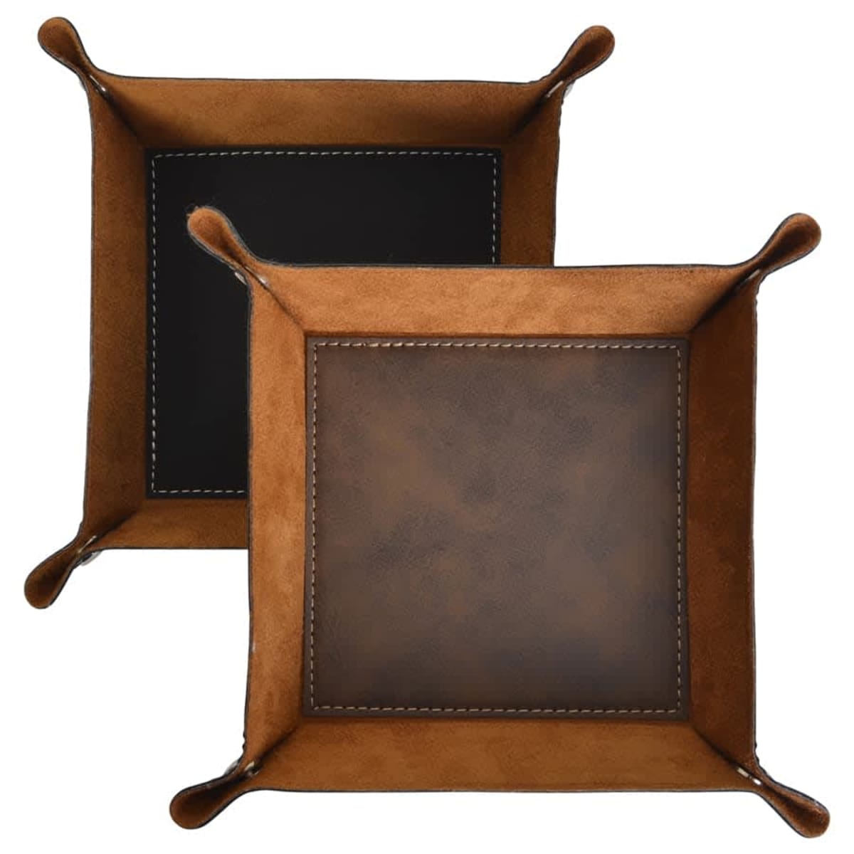 Two square leather valet trays with raised edges and stitched corners. One tray is dark brown with a lighter brown interior, while the other is light brown with a dark interior. Both trays feature contrasting stitching.