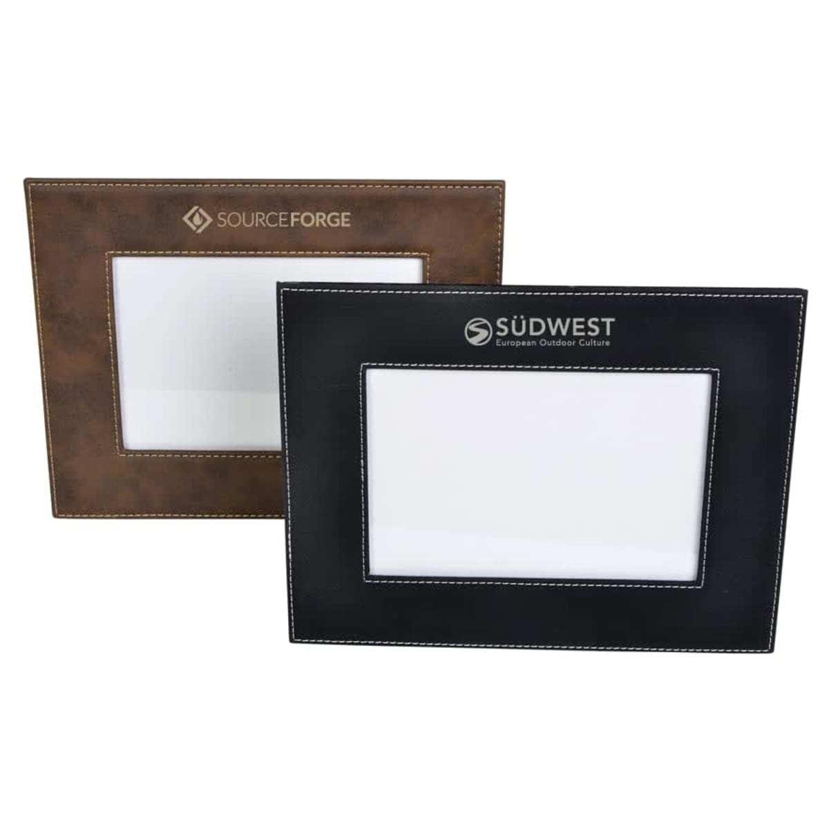 Two leather photo frames are displayed. The front frame is black with Südwest logo in white. The back frame is brown with SourceForge logo. Both frames have white stitching and empty photo slots.
