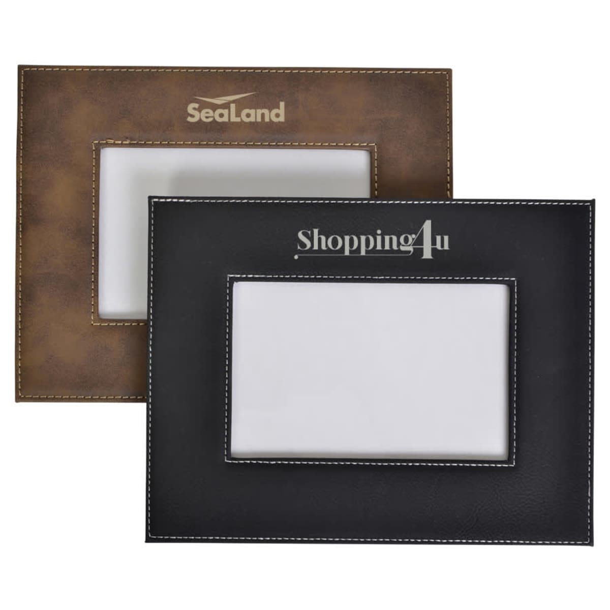 Two leather photo frames are shown: one brown with SeaLand at the top, and one black with Shopping4u. Both frames have stitching details and a plain white center where a photo can be placed.
