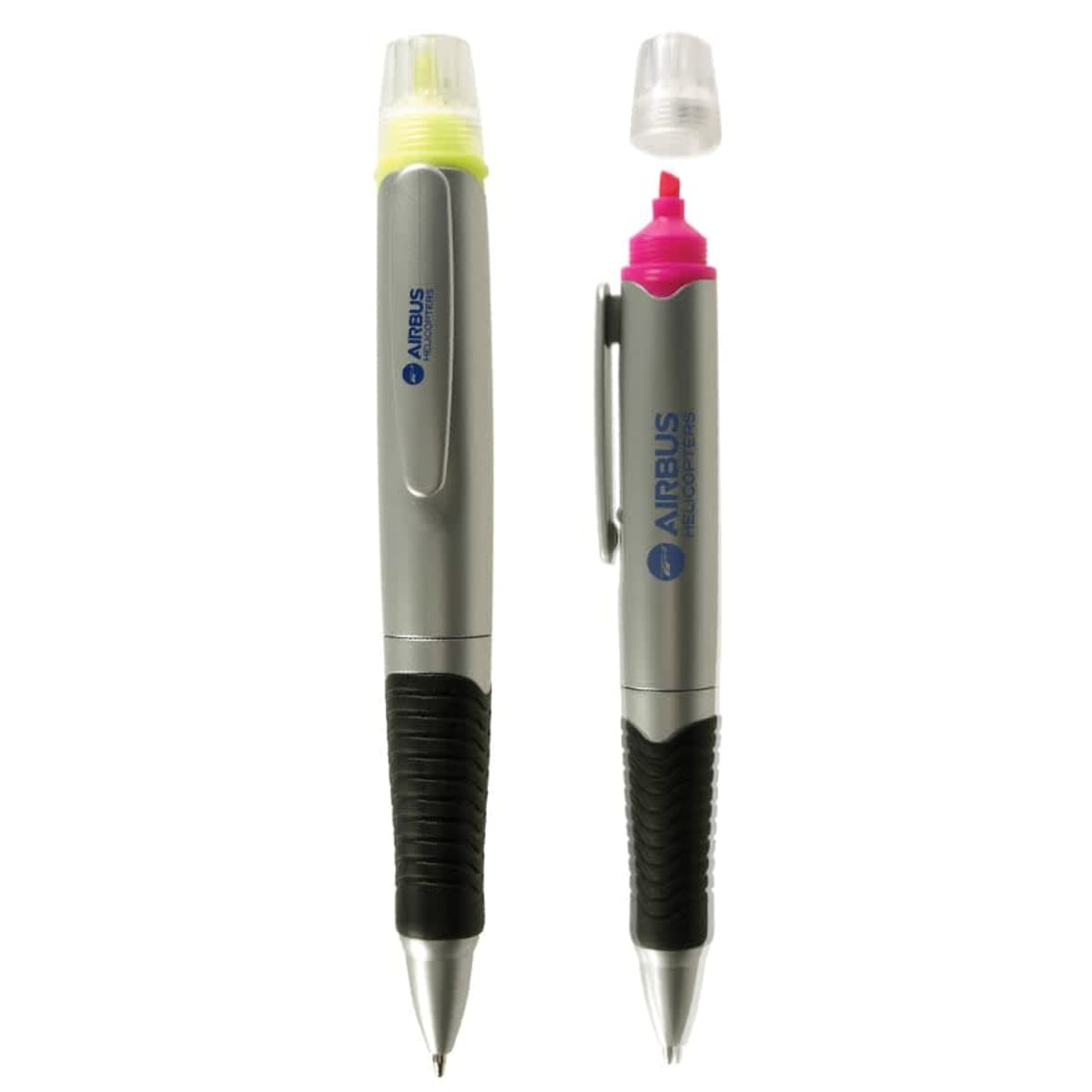 Two multifunction pens with grips are shown. The left pen has a yellow highlighter tip with its cap removed and balanced on top. The right pen has a pink highlighter tip with the cap placed beside it. Both have Airbus logos.
