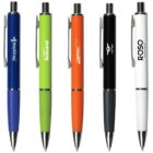 Five colorful pens are lined up vertically. From left to right: blue, green, orange, black, and white. Each pen has a textured grip, a silver clip, and branding logos along the barrels.