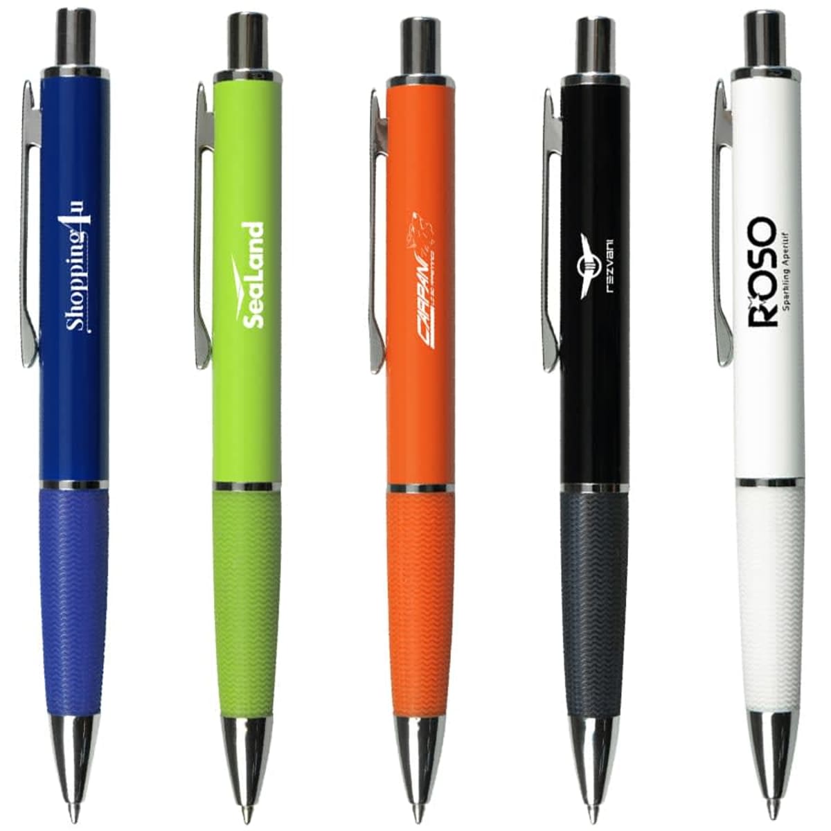 Five colorful pens are lined up vertically. From left to right: blue, green, orange, black, and white. Each pen has a textured grip, a silver clip, and branding logos along the barrels.