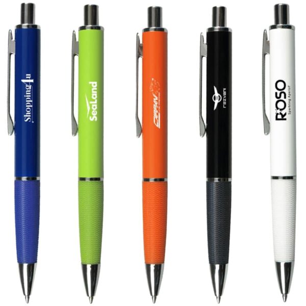 Five pens with click tops lined up vertically. They are colored blue, green, orange, black, and white, each with logos and text printed on the barrels. The pens have textured grips and metallic clips.