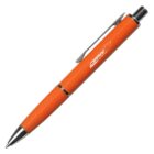 A retractable orange ballpoint pen with a metal clip and tip. The pen features a textured grip section and branding logos in white.