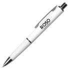 A white ballpoint pen with chrome accents and a textured grip. It has a pocket clip and is branded with ROSO on the side.