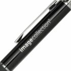 Close-up of a sleek black pen with imagecollection written in white along its body. A silver clip is attached to the pen, which appears shiny and metallic. The pen has a modern and elegant design.
