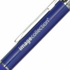 Close-up of a blue pen with a shiny silver clip, featuring the white text imagecollection printed on its body. The pen is angled diagonally against a white background.