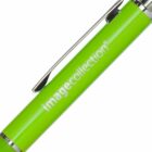Close-up of a bright green pen with imagecollection written in white text. The pen features a silver clip and decorative elements near the tip.