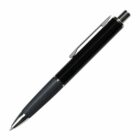 A black retractable ballpoint pen with a metallic tip and a textured grip section. It features a chrome clip and push button on the top for extending the pen tip.