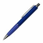 A blue pen with a silver tip and clip, featuring a textured grip near the end. The pen has a click mechanism at the top and is positioned diagonally against a white background.