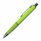 A green ballpoint pen with a textured grip and a retractable push button. The pen features a silver clip and tip, offering a sleek and modern design.