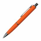 An orange ballpoint pen with a silver clip and tip, featuring a textured grip near the writing end. The click mechanism and accents are also silver. The pen is positioned diagonally against a white background.