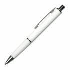 A sleek white pen with a silver clip and textured grip, featuring a retractable tip and black details at the top. The pen is positioned diagonally against a white background.